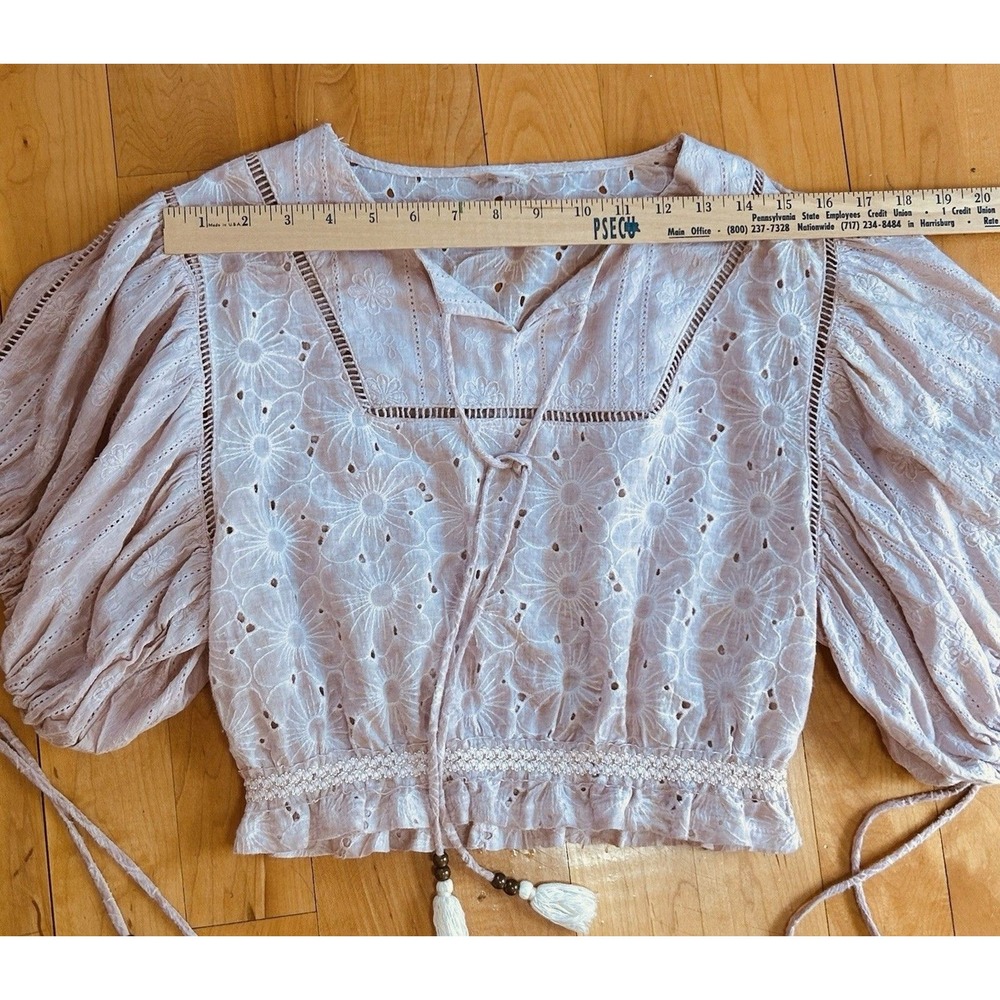 POL Anthropology Women Pink Lace Embroidered Eyelet Crop Top Balloon Sleeves L - Picture 5 of 8